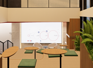 presentation screen, seats and greenery in coworking space
